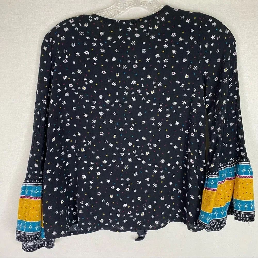 Mudd Top Girls Black Multi Color Button Down Tie Waist Floral Flare Sleeves 10